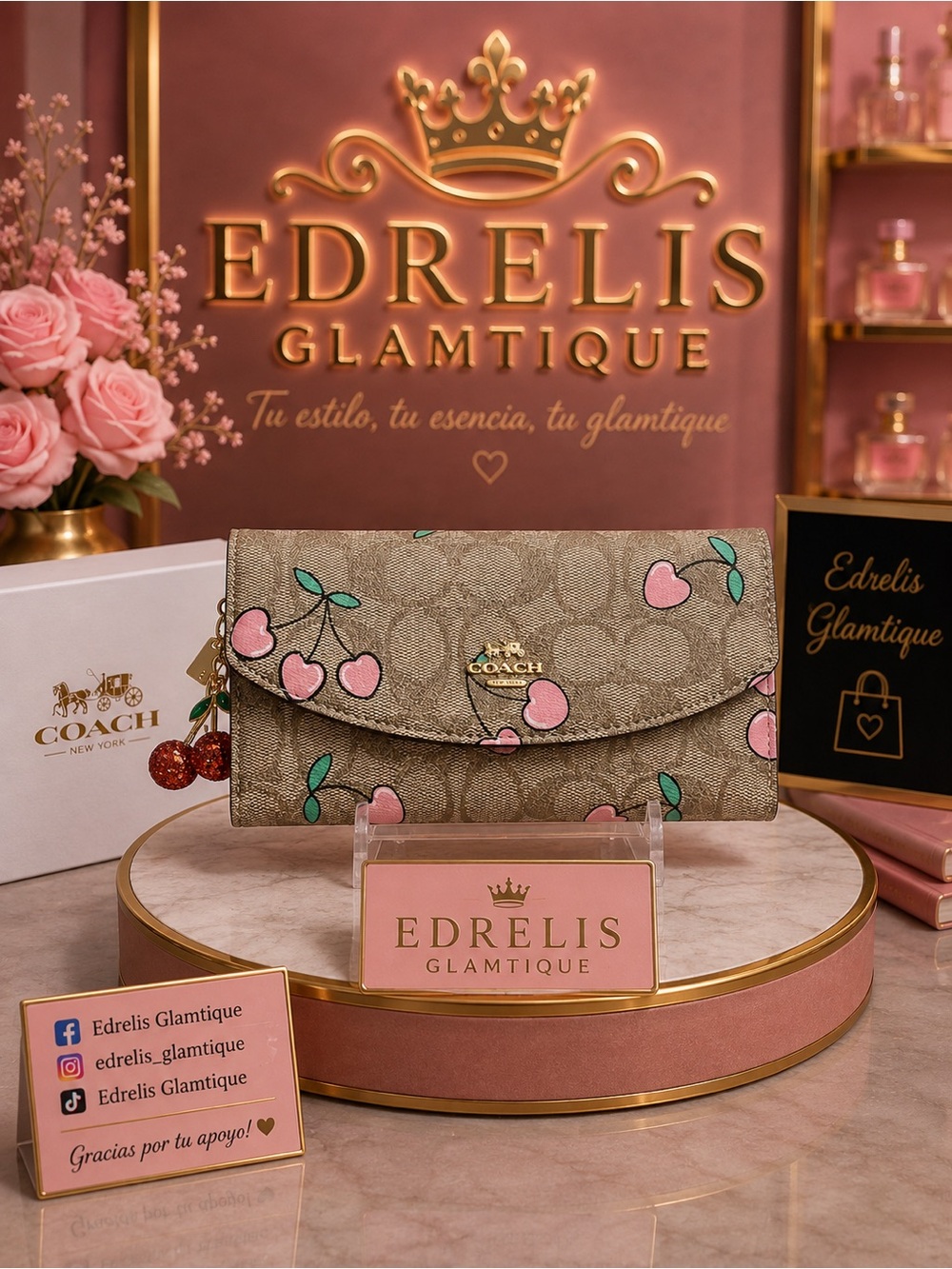 Signature Canvas Cherry Print Wallet - Pink/Beige
